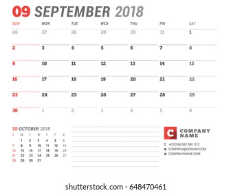 Calendar Template for 2018 Year. September. Business Planner Template. Stationery Design. Week starts on Sunday. 2 Months on the Page. Vector Illustration