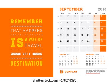 Calendar Template for 2018 Year. September. Design Template with Motivational Poster. 3 Months on Page. Week starts on Monday. Vector Illustration