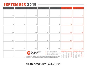 Calendar Template for 2018 Year. September. Business Planner 2018 Template. Stationery Design. Week starts on Monday. 3 Months on the Page. Vector Illustration