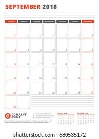 Calendar Template for 2018 Year. September. Business Planner 2018 Template. Stationery Design. Week starts on Sunday. Vector Illustration