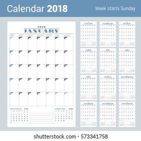 Calendar Template for 2018 Year. Set of 12 Months. Business Planner Template. Stationery Design. Week starts Sunday. 3 Months on the Page. Vector Illustration