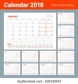 Calendar Template for 2018 Year. Set of 12 Months. Business Planner with Year Calendar. Stationery Design. Week starts on Monday. Vector Illustration