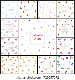 Calendar template for 2018 year with thirteen square pages. Pattern with different objects on each page.