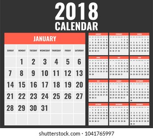 Calendar Template for 2018 Year. Week Starts on Sunday. Vector illustration.