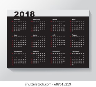 Calendar Template for 2018 year. 
Week starts from Sunday.
Vector illustration