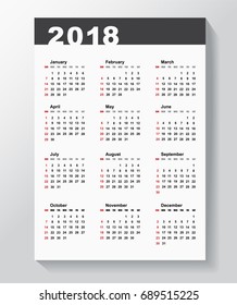 Calendar Template for 2018 year. 
Week starts from Sunday.
Vector illustration