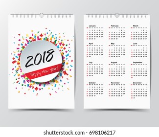 Calendar Template for 2018 year. 
Week starts from Sunday.
Modern Flat Design Concept.
Vector illustration