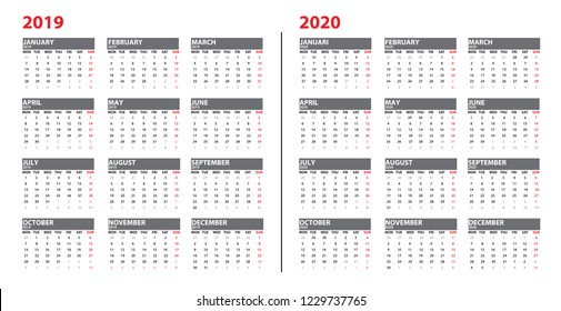 Calendar template for 2019 and 2020 years