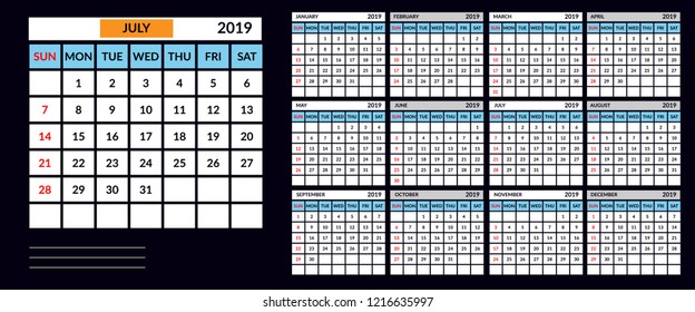 Calendar template for 2019.