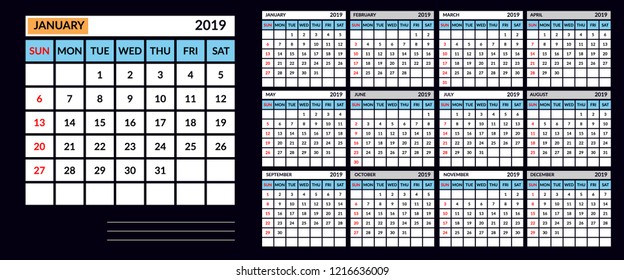 Calendar template for 2019.