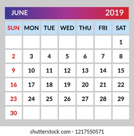 Calendar template for 2019.
