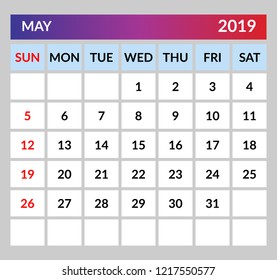 Calendar template for 2019.