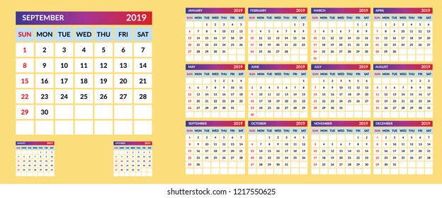 Calendar template for 2019.