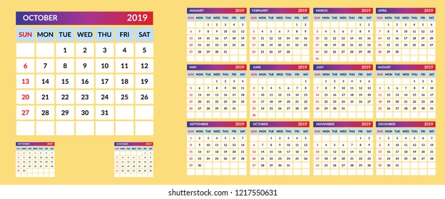 Calendar template for 2019.
