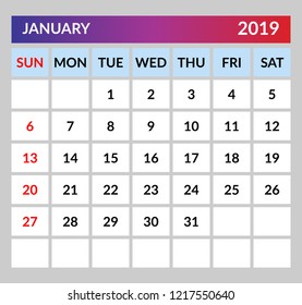 Calendar template for 2019.