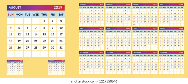Calendar template for 2019.