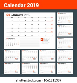 Calendar template for 2019 year. Business planner. Stationery design. Week starts on Monday. Set of 12 months. Vector illustration