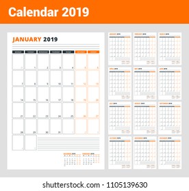 Calendar Template for 2019 year. Business Planner Template. Stationery Design. Week starts on Monday. Portrait orientation. Vector Illustration