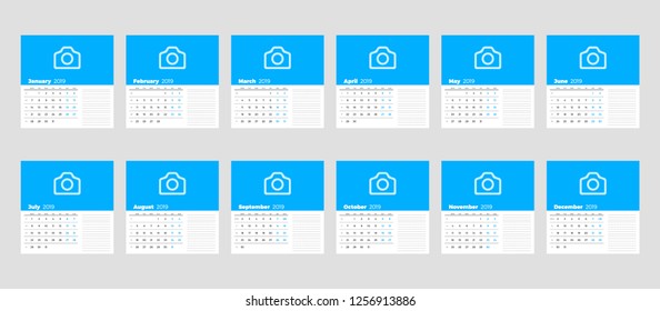 Calendar template for 2019 year. Set of 12 months. Stationery design. Vector illustration