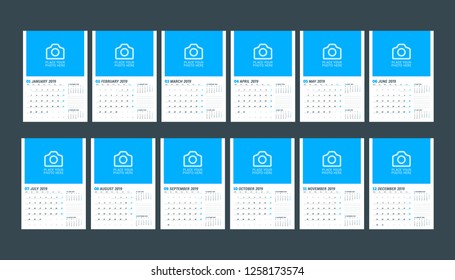 Calendar template for 2019 year. Set of 12 months. January, February, March, April, May, June, July, August, September, October, November, December. Stationery design