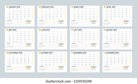 Calendar template for 2019 year. Set of 12 months.  Stationery design