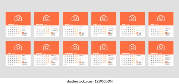 Calendar template for 2019 year. Set of 12 months. . Stationery design