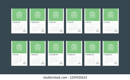 Calendar template for 2019 year. Set of 12 months.  Stationery design