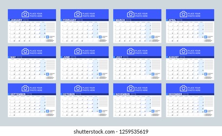 Calendar template for 2019 year. Set of 12 months.  Stationery design