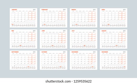 Calendar template for 2019 year. Set of 12 months.  Stationery design