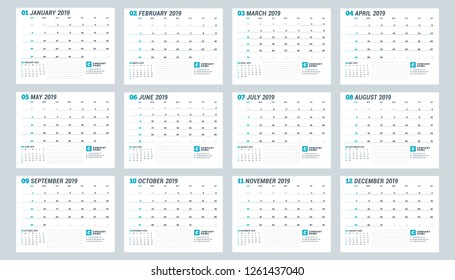 Calendar template for 2019 year. Set of 12 months. January, February, March, April, May, June, July, August, September, October, November, December. Stationery design