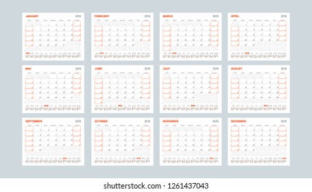 Calendar template for 2019 year. Set of 12 months. January, February, March, April, May, June, July, August, September, October, November, December. Stationery design