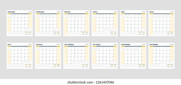 Calendar template for 2019 year. Set of 12 months. January, February, March, April, May, June, July, August, September, October, November, December. Stationery design