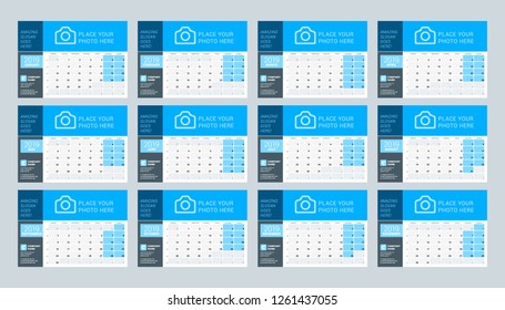 Calendar template for 2019 year. Set of 12 months. January, February, March, April, May, June, July, August, September, October, November, December. Stationery design