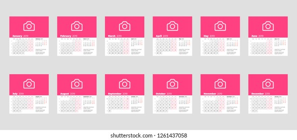 Calendar template for 2019 year. Set of 12 months. January, February, March, April, May, June, July, August, September, October, November, December. Stationery design