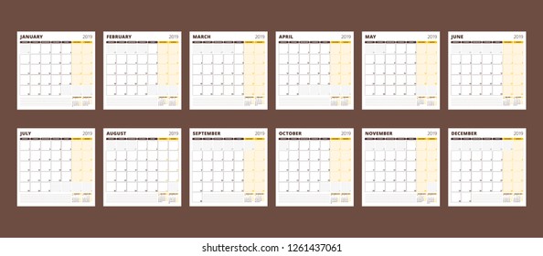 Calendar template for 2019 year. Set of 12 months. January, February, March, April, May, June, July, August, September, October, November, December. Stationery design