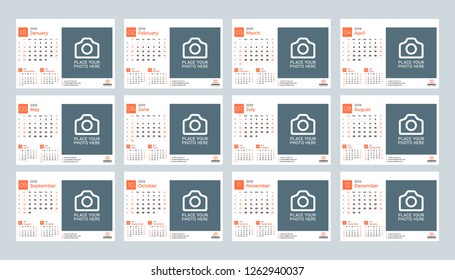 Calendar template for 2019 year. Set of 12 months. January, February, March, April, May, June, July, August, September, October, November, December. Stationery design