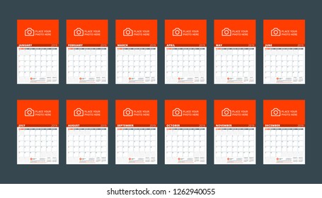 Calendar template for 2019 year. Set of 12 months. January, February, March, April, May, June, July, August, September, October, November, December. Stationery design
