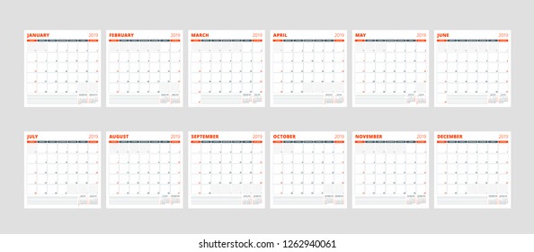 Calendar template for 2019 year. Set of 12 months. January, February, March, April, May, June, July, August, September, October, November, December. Stationery design