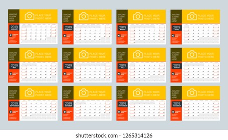 Calendar template for 2019 year. Set of 12 months. January, February, March, April, May, June, July, August, September, October, November, December. Stationery design