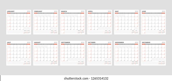 Calendar template for 2019 year. Set of 12 months. January, February, March, April, May, June, July, August, September, October, November, December. Stationery design