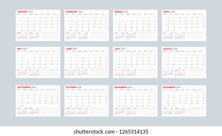 Calendar template for 2019 year. Set of 12 months. January, February, March, April, May, June, July, August, September, October, November, December. Stationery design