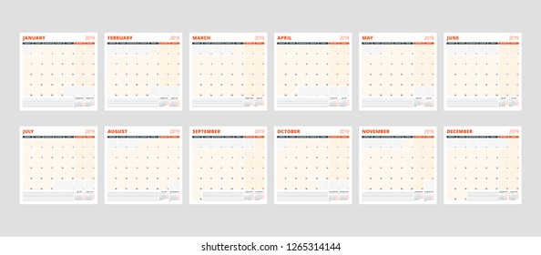 Calendar template for 2019 year. Set of 12 months. January, February, March, April, May, June, July, August, September, October, November, December. Stationery design