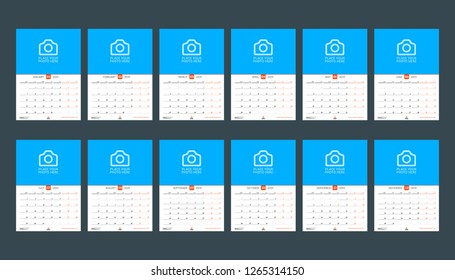 Calendar template for 2019 year. Set of 12 months. January, February, March, April, May, June, July, August, September, October, November, December. Stationery design