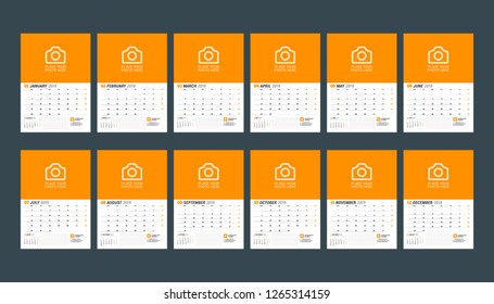 Calendar template for 2019 year. Set of 12 months. January, February, March, April, May, June, July, August, September, October, November, December. Stationery design