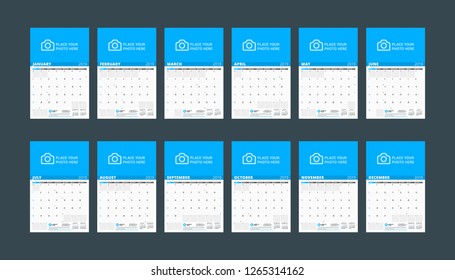 Calendar template for 2019 year. Set of 12 months. January, February, March, April, May, June, July, August, September, October, November, December. Stationery design