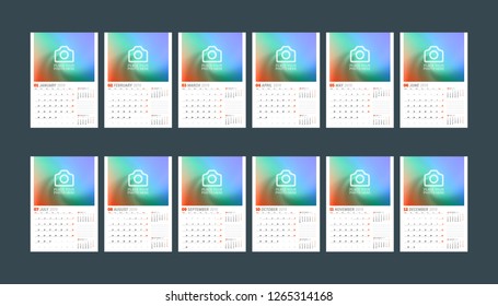 Calendar template for 2019 year. Set of 12 months. January, February, March, April, May, June, July, August, September, October, November, December. Stationery design