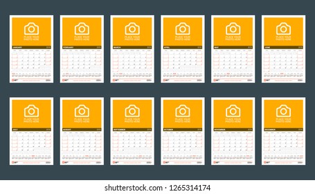 Calendar template for 2019 year. Set of 12 months. January, February, March, April, May, June, July, August, September, October, November, December. Stationery design