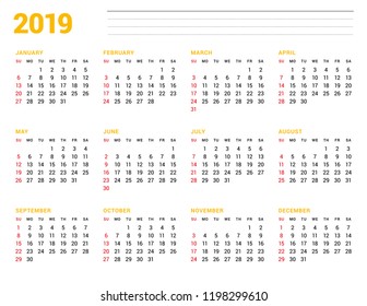 Calendar template for 2019 year. Stationery design. Week starts on Sunday. 12 Months on the page. Vector illustration