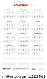 Calendar template for 2019 year. Week starts on Sunday. Vector illustration