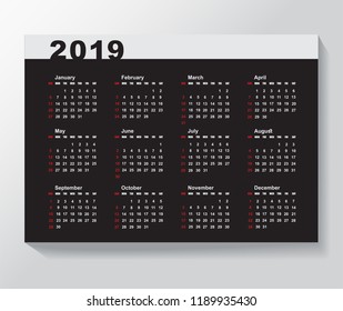 Calendar Template for 2019 year. 
Week starts from Sunday.
Vector illustration